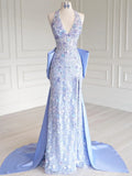 Gorgeous Mermaid Halter Sleeveless Bow Back Blue Long Prom Dress