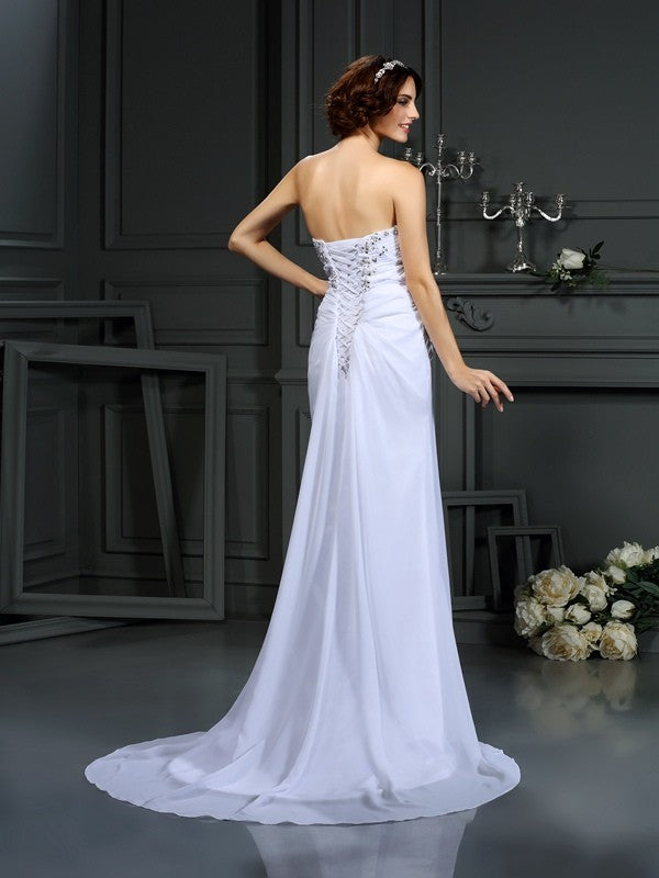 Sheath/Column Sweetheart Beading Sleeveless Long Chiffon Wedding Dresses