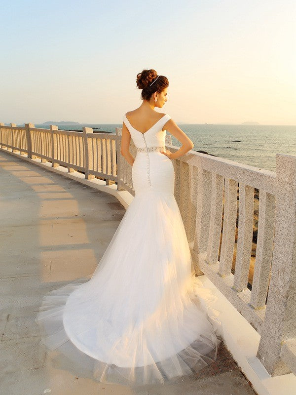 Sheath/Column V-neck Pleats Sleeveless Long Net Beach Wedding Dresses