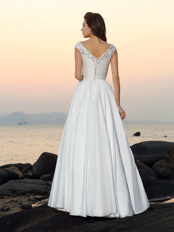 Vestidos de novia largos de tafetán para playa, corte A/princesa, escote en V, sin mangas y con cuentas