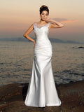Vestidos de novia largos de satén para playa, sin mangas, con escote trompeta/sirena y cuentas