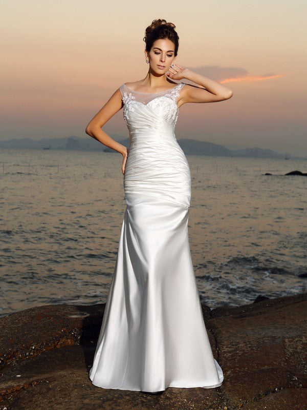 Vestidos de novia largos de satén para playa, sin mangas, con escote trompeta/sirena y cuentas