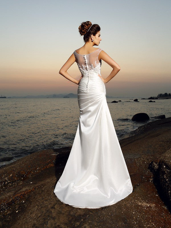 Vestidos de novia largos de satén para playa, sin mangas, con escote trompeta/sirena y cuentas