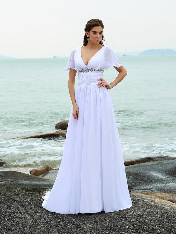 Vestidos de novia largos de gasa para playa, corte A/princesa, escote en V, volantes, mangas cortas