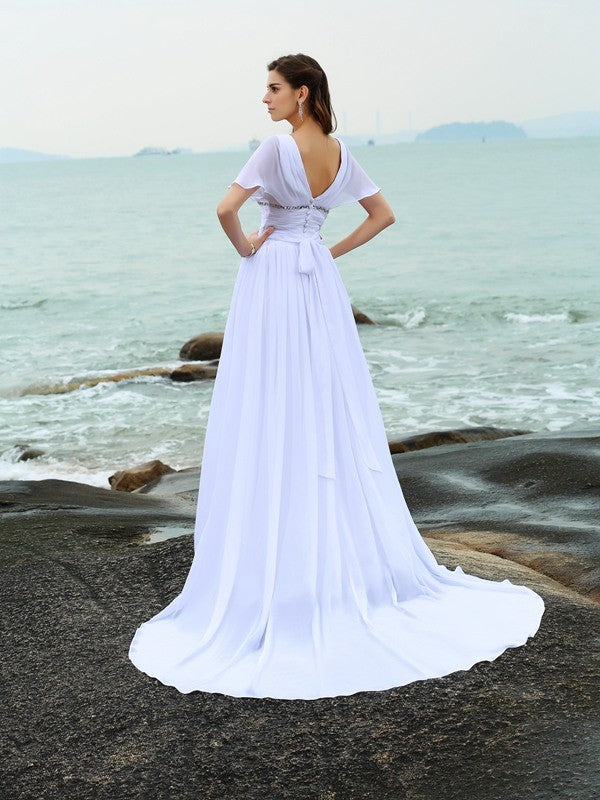 A-Line/Princess V-neck Ruffles Short Sleeves Long Chiffon Beach Wedding Dresses