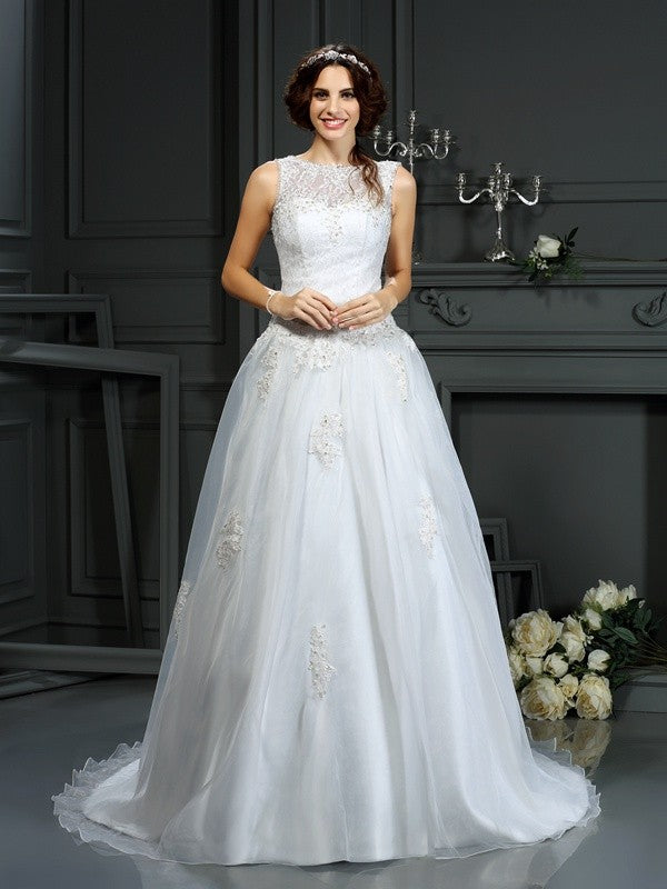 Vestidos de novia de corte A/princesa con escote redondo, apliques, sin mangas y red larga