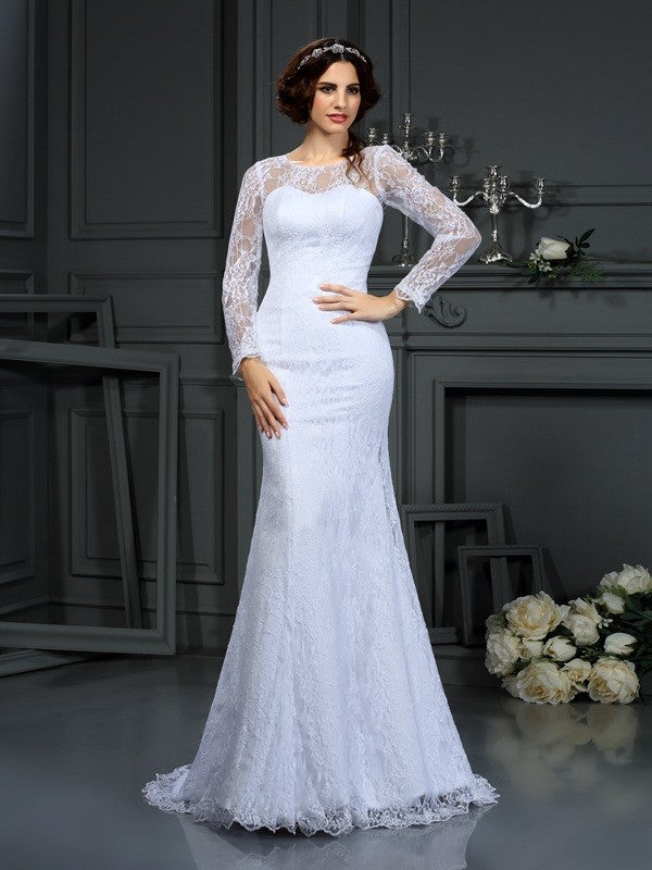 Ivory Lace Mermaid Floor-Length Evening Dress with Illusion Neck & Long Sleeves