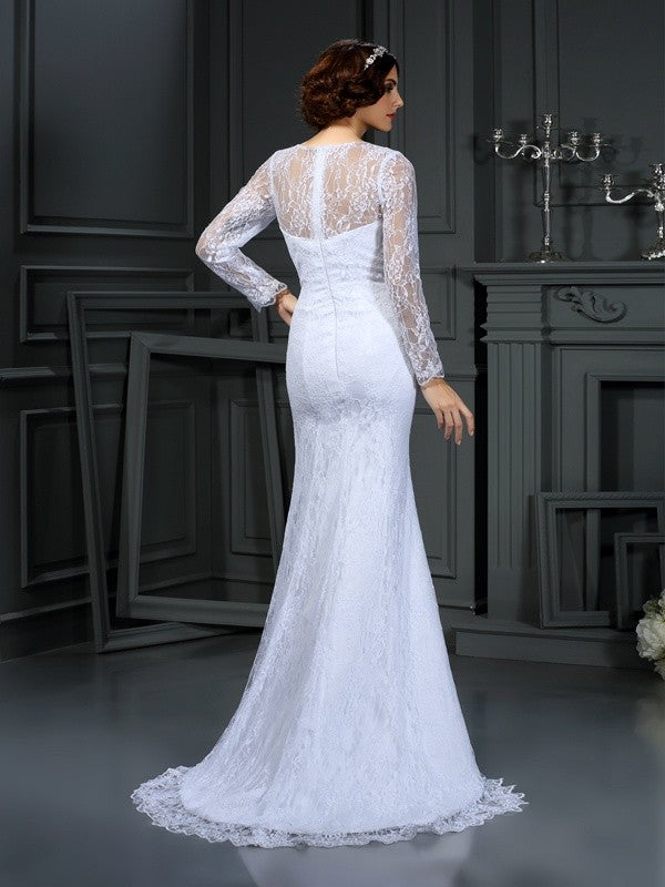 Ivory Lace Mermaid Floor-Length Evening Dress with Illusion Neck & Long Sleeves