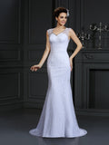 White Lace Mermaid Floor-Length Bridesmaid Dress with Illusion V-Neck