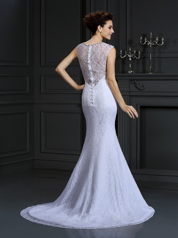 White Lace Mermaid Floor-Length Bridesmaid Dress with Illusion V-Neck