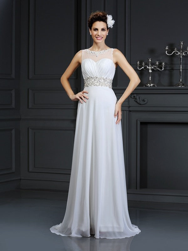 Abiti da sposa lunghi in chiffon senza maniche con volant a barca, stile a trapezio/principessa