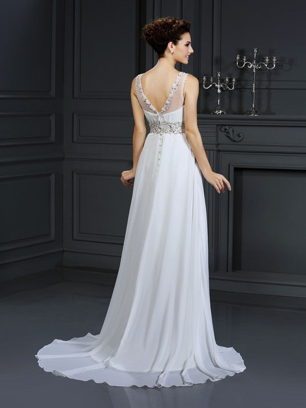 Abiti da sposa lunghi in chiffon senza maniche con volant a barca, stile a trapezio/principessa