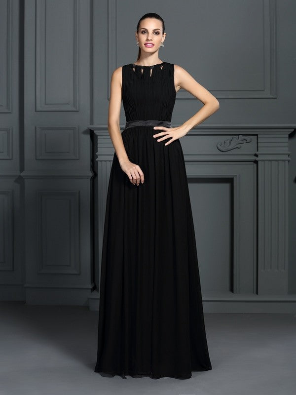 Black Chiffon A-Line Floor-Length Evening Dress with High Neck & Cutout Neckline