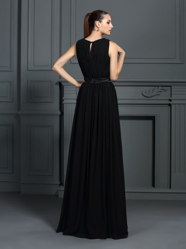 Black Chiffon A-Line Floor-Length Evening Dress with High Neck & Cutout Neckline