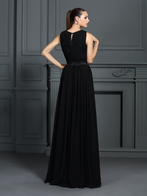 Black Chiffon A-Line Floor-Length Evening Dress with High Neck & Cutout Neckline