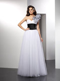 Vestidos largos de red sin mangas con corte A/princesa, un hombro, con faja/cinturón/cinturón