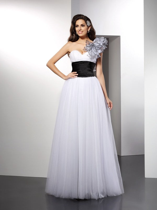White Tulle One Shoulder A-Line Floor-Length Evening Dress with Floral Embellishment
