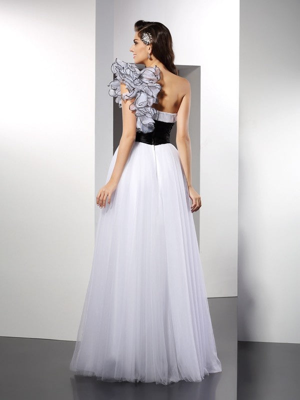 White Tulle One Shoulder A-Line Floor-Length Evening Dress with Floral Embellishment