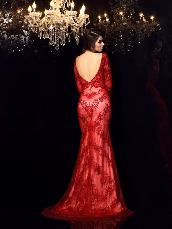 Red Lace Mermaid Floor-Length Evening Dress - Long Sleeve Boat Neck Gown for Prom & Gala