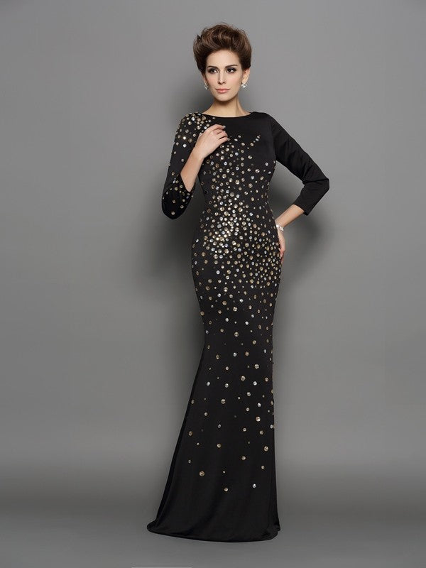 Vestidos largos de licra con mangas largas y escote redondo y diamantes de imitación de corte trompeta/sirena