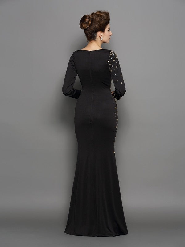 Vestidos largos de licra con mangas largas y escote redondo y diamantes de imitación de corte trompeta/sirena