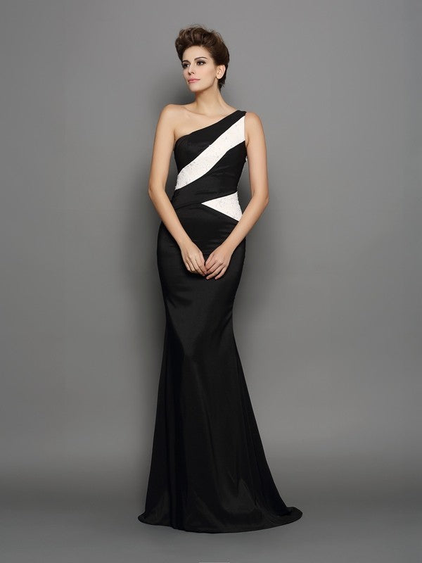 Trumpet/Mermaid One-Shoulder Lace Sleeveless Long Satin Dresses