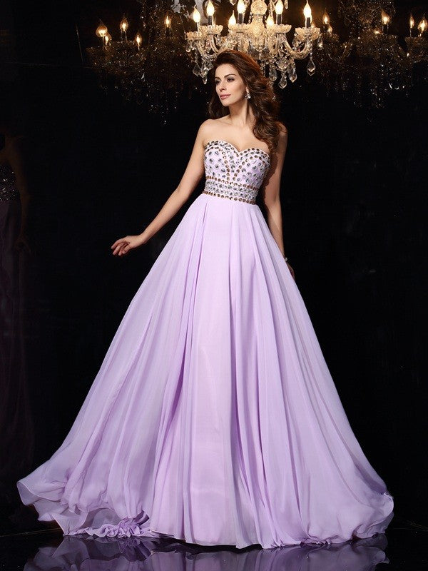 Lavender Chiffon A-Line Floor-Length Dress with Embellished Sweetheart Bodice
