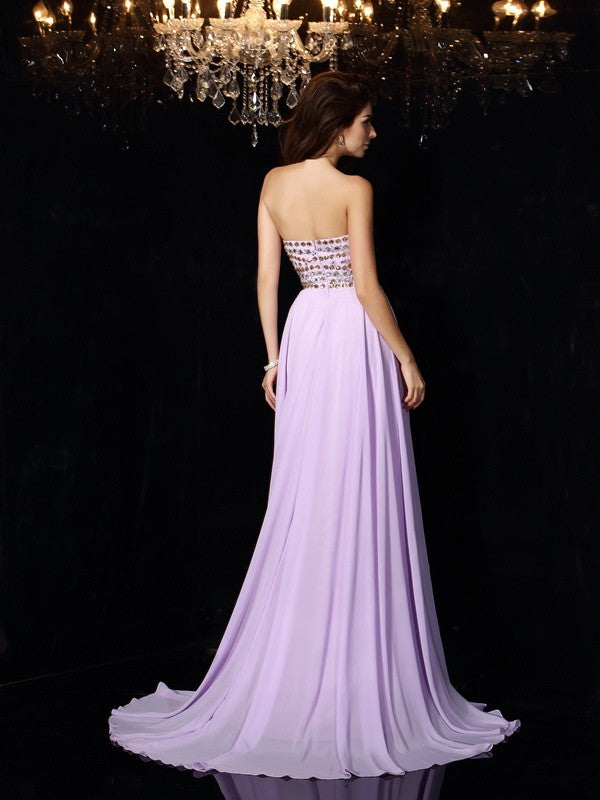 Vestidos largos de gasa con escote corazón, sin mangas, corte princesa y cola larga