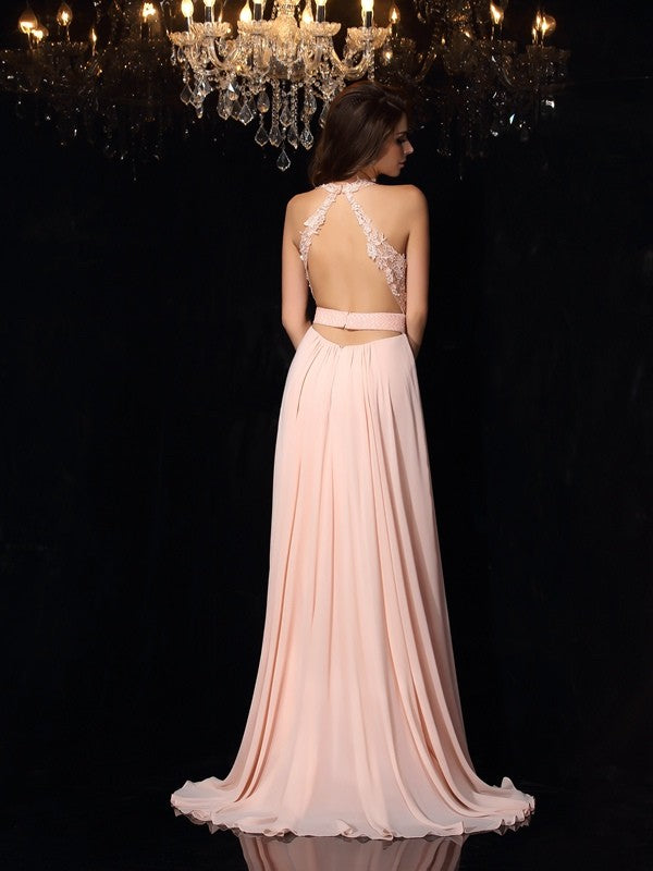 Blushing Pink Chiffon A-Line Floor-Length Halter Neck Bridesmaid Dress with Backless Lace Bodice and High Slit