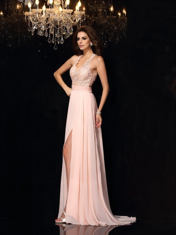 Blushing Pink Chiffon A-Line Floor-Length Halter Neck Bridesmaid Dress with Backless Lace Bodice and High Slit