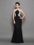 Vestidos largos de gasa sin mangas con cuello alto y perlas de corte trompeta/sirena