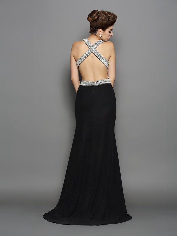 Vestidos largos de gasa sin mangas con cuello alto y perlas de corte trompeta/sirena