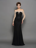 Black Crepe Mermaid Floor-Length Evening Dress with Beaded Long Sleeves