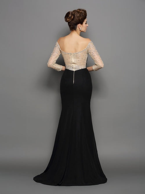 Black Crepe Mermaid Floor-Length Evening Dress with Beaded Long Sleeves