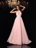 Blushing Pink Chiffon A-Line Floor-Length Dress with Beaded Halter Neckline