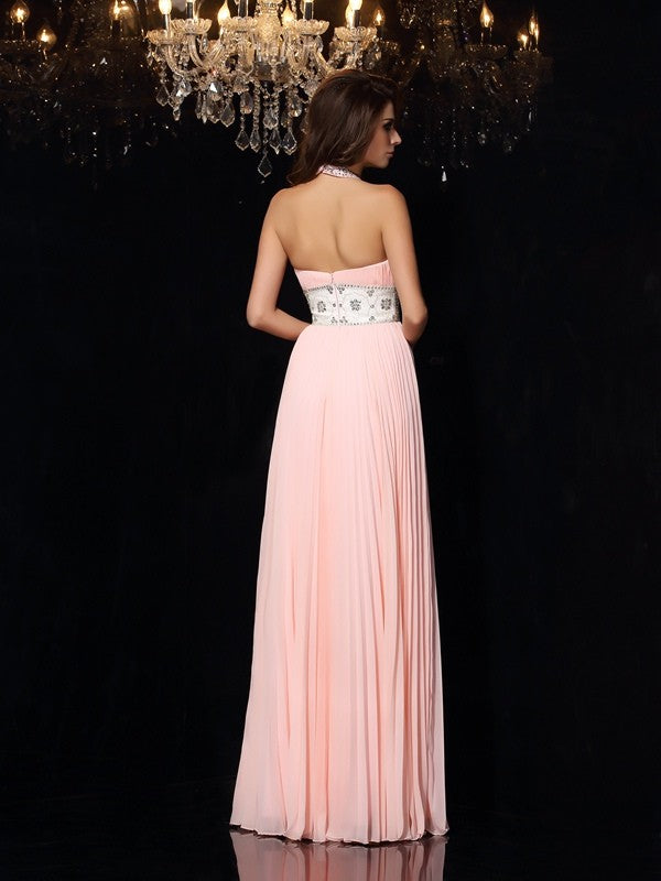 Blushing Pink Chiffon A-Line Floor-Length Dress with Beaded Halter Neckline