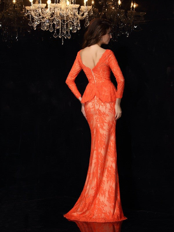 Vestidos largos de encaje con mangas largas y lazo y escote en V tipo tubo/columna