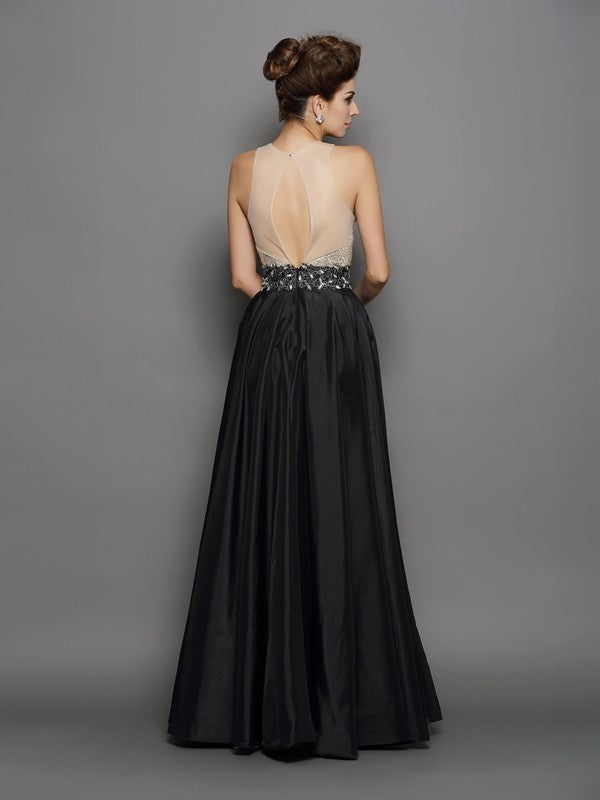 Black Satin A-Line Floor-Length Evening Dress with Sequin Bodice