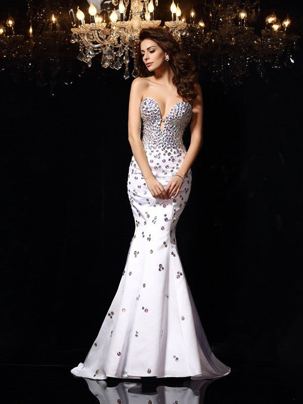 White Satin Mermaid Floor-Length Evening Dress with Sequin Embellished Plunging V-Neck