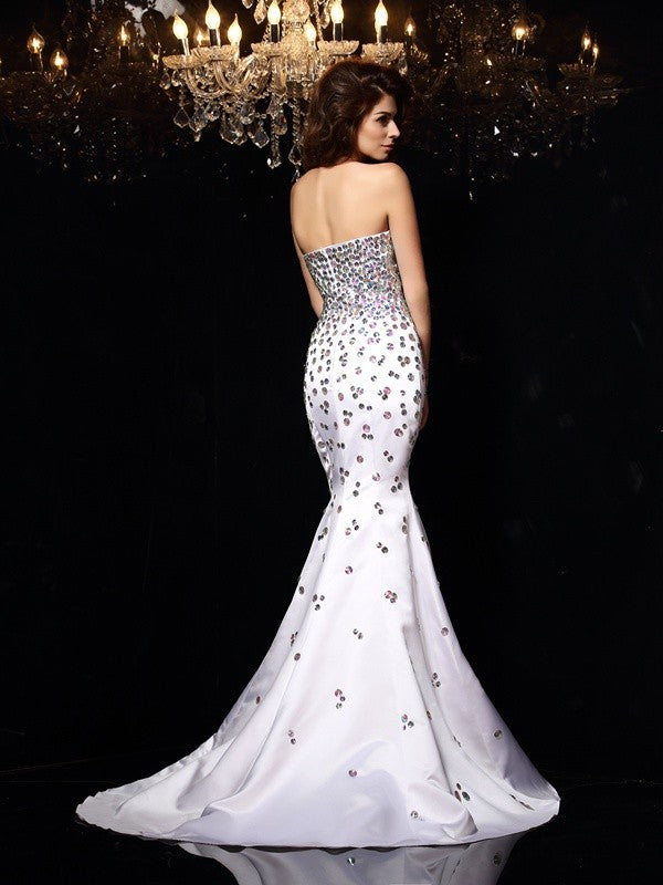 White Satin Mermaid Floor-Length Evening Dress with Sequin Embellished Plunging V-Neck