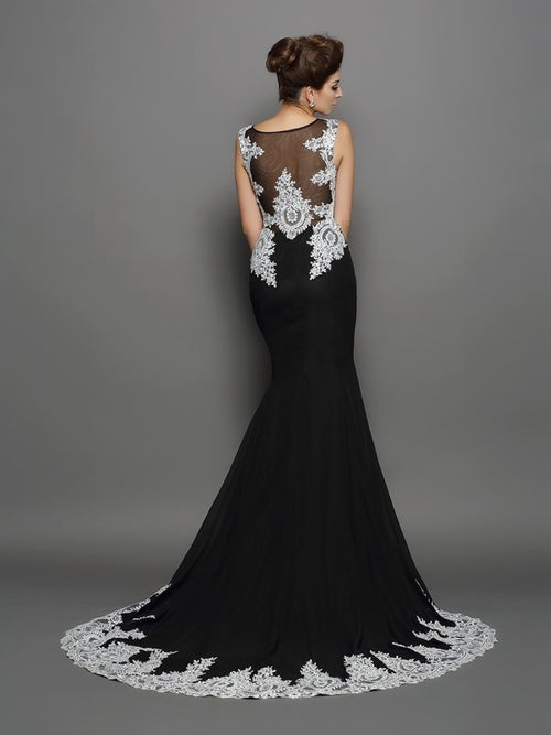 Black Crepe Mermaid Floor-Length Evening Dress with Illusion Neck