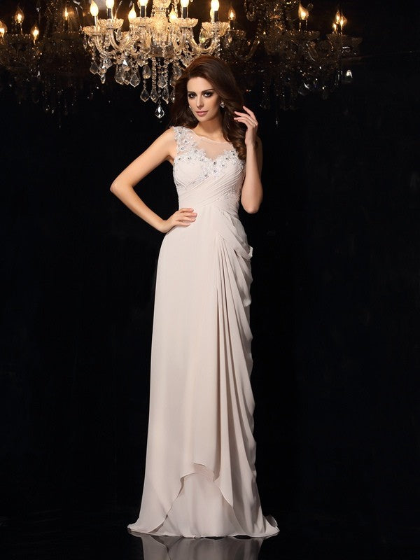 Blushing Pink Chiffon A-Line Floor-Length Bridesmaid Dress with Illusion Neck