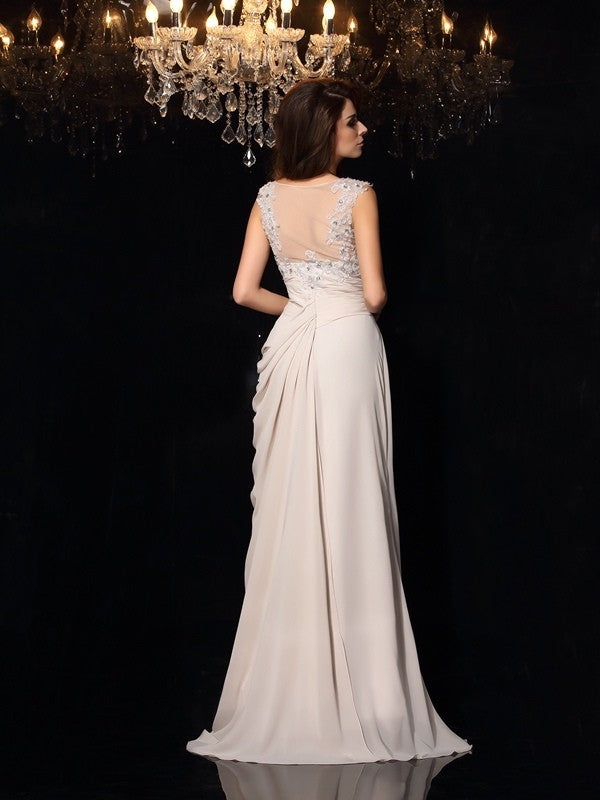 Blushing Pink Chiffon A-Line Floor-Length Bridesmaid Dress with Illusion Neck