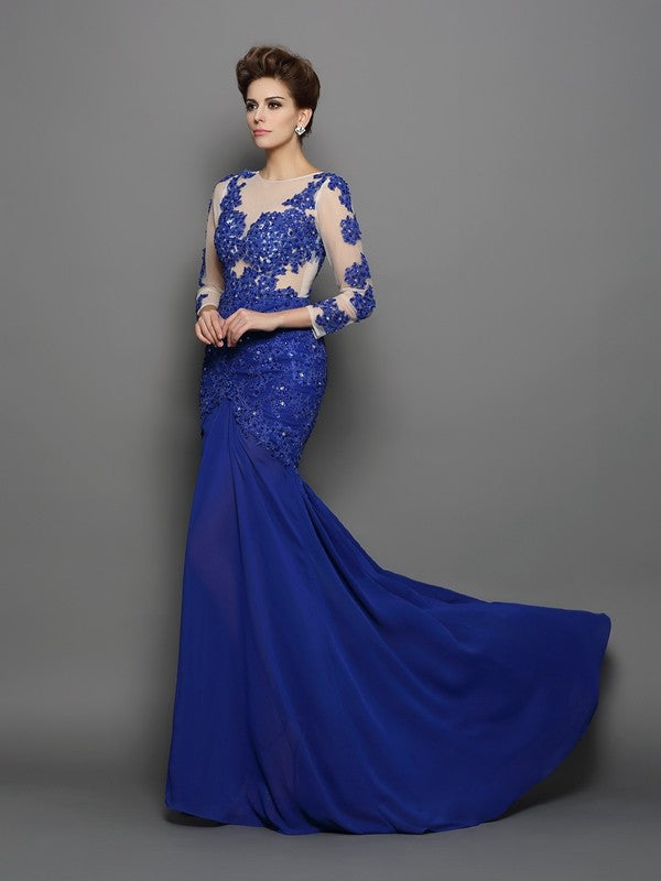 Royal Blue Chiffon Mermaid Floor-Length Dress with Illusion Neck and Sequin Lace Appliques