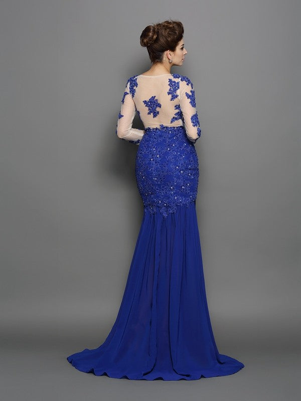 Royal Blue Chiffon Mermaid Floor-Length Dress with Illusion Neck and Sequin Lace Appliques
