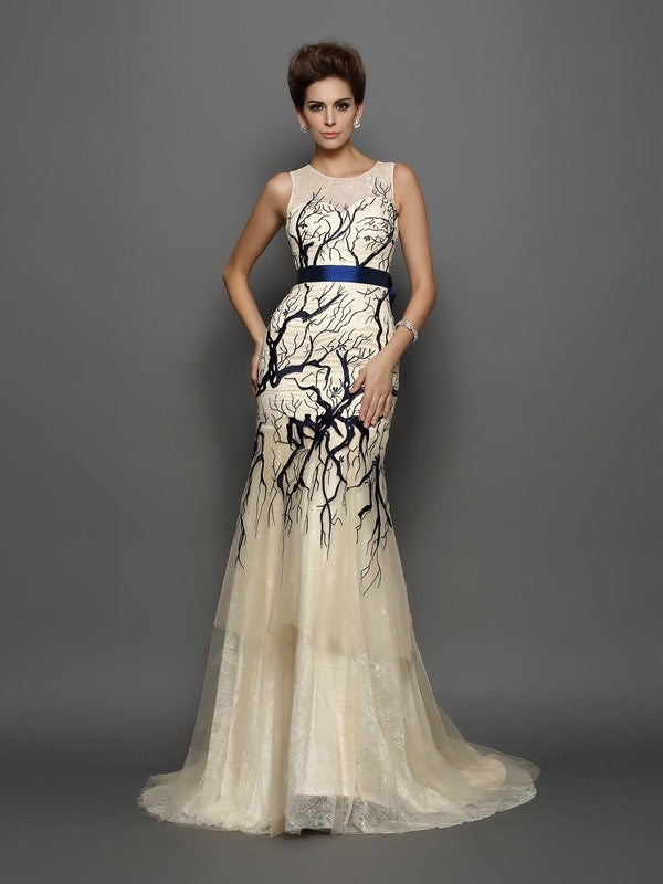 Ivory Chiffon Mermaid Floor-Length Evening Dress with Illusion Neckline & Intricate Embroidery