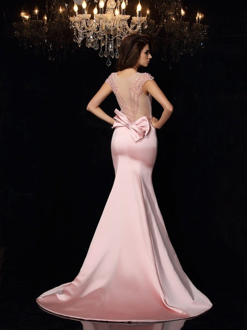 Vestidos largos de satén sin mangas con escote trompeta/sirena y cuentas