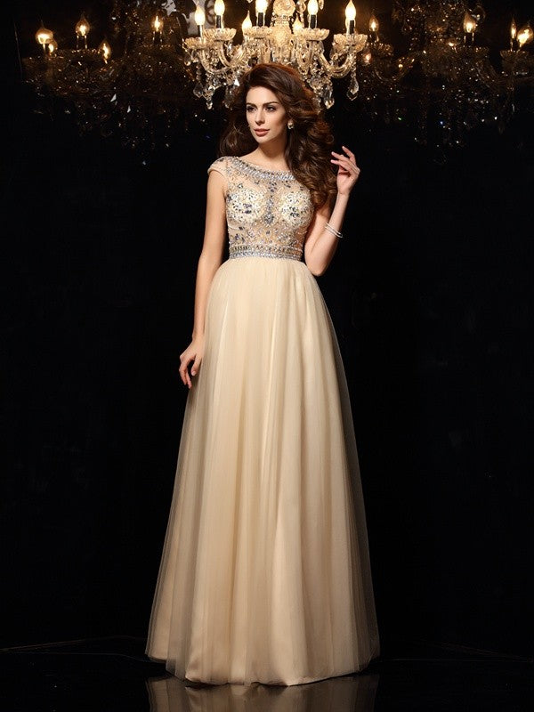 Champagne Tulle A-Line Floor-Length Gown with Beaded Bodice & Boat Neck