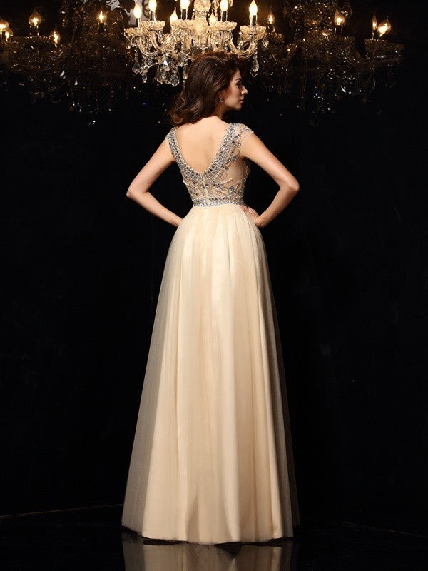 Champagne Tulle A-Line Floor-Length Gown with Beaded Bodice & Boat Neck