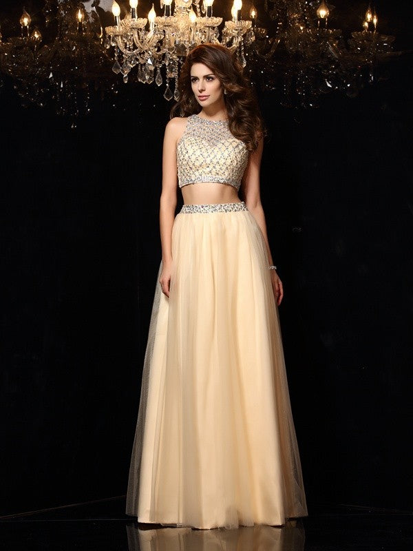 Champagne Sequin Tulle Two-Piece A-Line Floor-Length Evening Dress